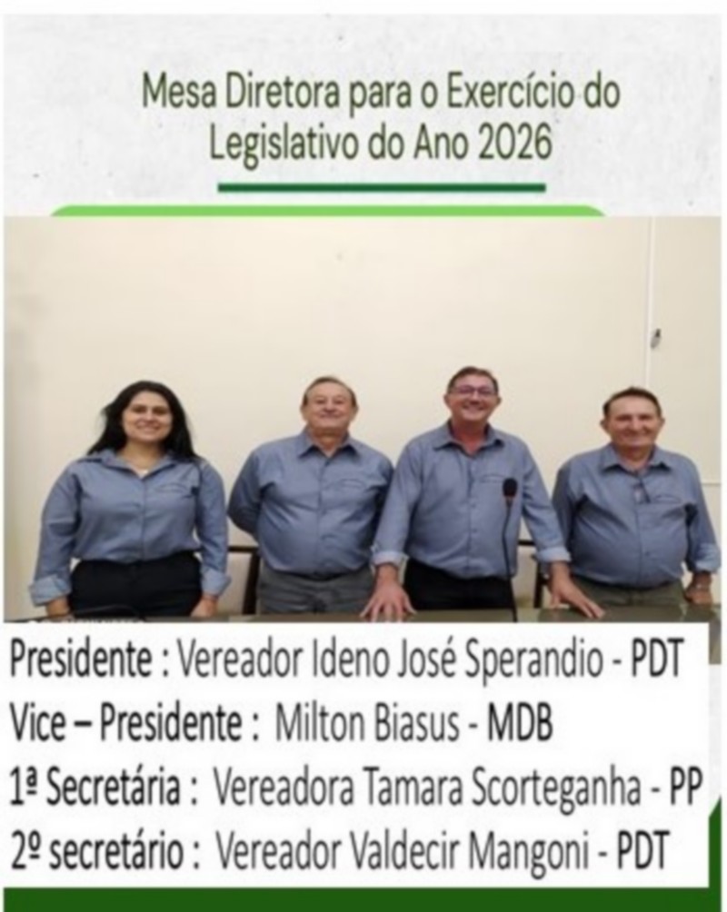 Vereador Ideno José Sperandio é eleito o novo presidente da Câmara de Vereadores de Liberato Salzano.